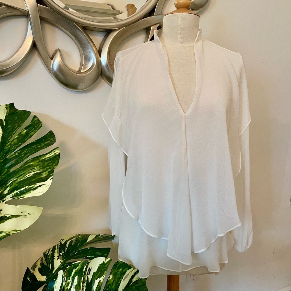 Atina Cristina Flowy White Semi Sheer Blouse Top | Medium